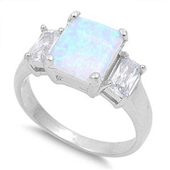 Sterling Silver Stylish Three Emerald Cut Stone Lab Opal and Clear CZ Ring with Face Height of 10MM