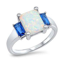 Load image into Gallery viewer, Sterling Silver Square Shape White Lab Opal Rings With Blue Sapphire CZ Stone, Face Height 10mm
