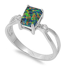 Load image into Gallery viewer, Sterling Silver Modish Black Lab Opal Emerald Cut with Clear CZ Split Band Ring, Face Height of 8MM