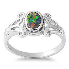 Sterling Silver Fancy Black Lab Opal Oval Cut Bezel Set Scroll Band Ring with Face Height of 9MM