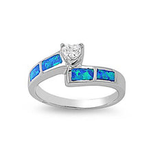 Load image into Gallery viewer, Sterling Silver Fancy Clear CZ Heart Shape with Blue Lab Opal Inlay Bypass Band RingAnd Face Height of 9MM