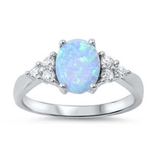 Load image into Gallery viewer, Sterling Silver Fancy Style Band Inlaid with Clear Czs with Solitaire Oval Cut Light Blue OpalAnd Face Height of 9MM