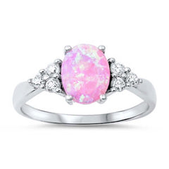 Sterling Silver Fancy Style Band Embedded with Clear Czs with Solitaire Oval Cut Pink OpalAnd Face Height of 9MM