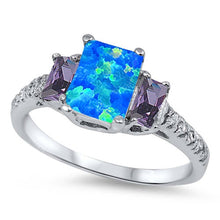 Load image into Gallery viewer, Sterling Silver Vintage Style Blue Lab Opal Amethyst CZ Emerald Cut Inlay with Clear CZ RingAnd Face Height of 9MM
