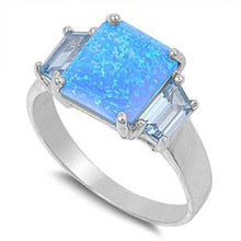 Load image into Gallery viewer, Sterling Silver Stylish Three Princess Cut Stone Blue Lab Opal and Clear CZ Ring with Face Height of 11MM