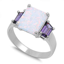 Load image into Gallery viewer, Sterling Silver Stylish Three Princess Cut Stone White Lab Opal and Amethyst CZ Ring with Face Height of 11MM