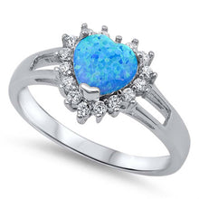 Load image into Gallery viewer, Sterling Silver Trendy Modish Blue Lab Opal Heart Shape with Halo Clear CZ Split Band RingAnd Face Height of 12MM