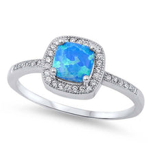 Load image into Gallery viewer, Sterling Silver Stylish Blue Lab Opal Cushion Cut with Halo and Inlay Clear CZ Ring, Face Height of 9MM