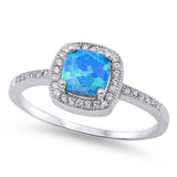 Sterling Silver Stylish Blue Lab Opal Cushion Cut with Halo and Inlay Clear CZ Ring, Face Height of 9MM