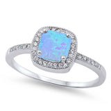 Sterling Silver Square Shape Light Blue Lab Opal Rings with CZ Stones, Face Height 9mm