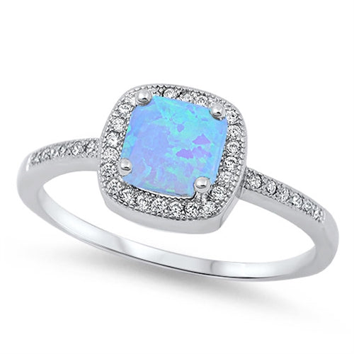 Sterling Silver Square Shape Light Blue Lab Opal Rings with CZ Stones, Face Height 9mm