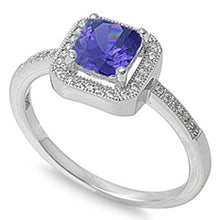 Load image into Gallery viewer, Sterling Silver Solitaire Princess Cut Tanzanite CZ with Halo Setting Inlaid with Clear CZ Ring, Face Height of 9MM