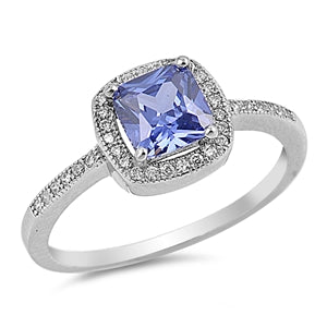 Sterling Silver Solitaire Princess Cut Tanzanite CZ with Halo Setting Inlaid with Clear CZ Ring, Face Height of 9MM