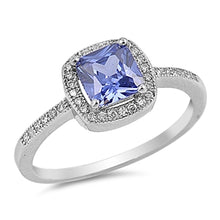 Load image into Gallery viewer, Sterling Silver Solitaire Princess Cut Tanzanite CZ with Halo Setting Inlaid with Clear CZ Ring, Face Height of 9MM