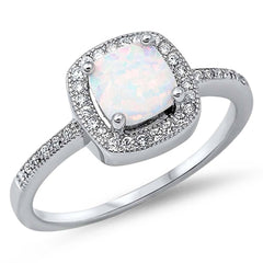 Sterling Silver Stylish White Lab Opal Cushion Cut with Halo and Inlay Clear CZ Ring, Face Height of 9MM