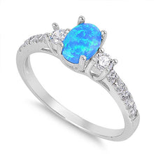 Load image into Gallery viewer, Sterling Silver Elegant Design Three Stone Oval Cut Blue Lab Opal and Round Clear CZ Inlay with Clear CZ RingAnd Face Height of 6MM
