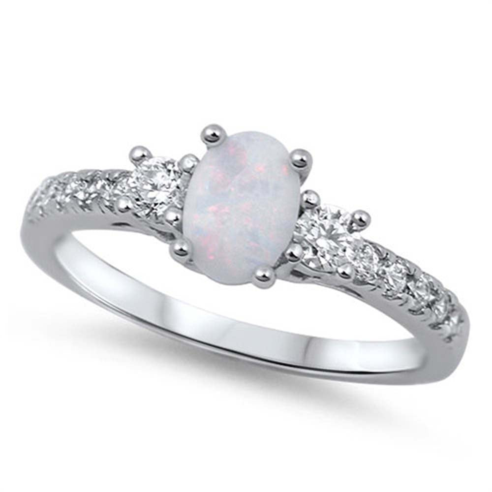 Sterling Silver Elegant Design Three Stone Oval Cut White Lab Opal and Round Clear CZ Inlay with Clear CZ RingAnd Face Height of 6MM
