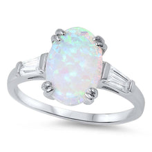 Load image into Gallery viewer, Sterling Silver Stylish Modish White Lab Opal Oval Cut with Baguette Clear CZ Inlay RingAnd Face Height of 12MM