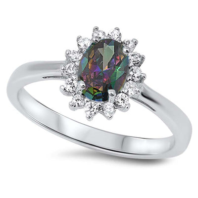 Sterling Silver Oval With Rainbow Topaz And Cubic Zirconia Ring
