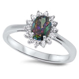 Sterling Silver Oval With Rainbow Topaz And Cubic Zirconia Ring