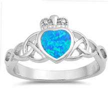 Load image into Gallery viewer, Sterling Silver Fancy Modish Blue Lab Opal Claddagh with Celtic Knot Inlay Design RingAnd Face Height of 11MM