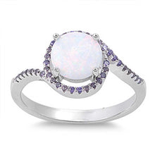 Load image into Gallery viewer, Sterling Silver Stylish White Lab Opal with Halo Bypass Band Ring with Amethyst CZAnd Face Height of 11MM