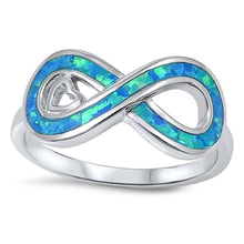 Load image into Gallery viewer, Sterling Silver Modish Infinity with Heart Design Blue Lab Opal Inlaid RingAnd Face Height of 9MM