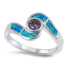 Load image into Gallery viewer, Sterling Silver Modish Bypass Band with Round Cut Amethyst Cz Bezel Set and Inlay with Blue Lab Opal RingAnd Face Height of 10MM