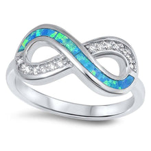 Load image into Gallery viewer, Sterling Silver Modish Infinity Design with Blue Lab Opal Inlaid and Clear Czs RingAnd Face Height of 9MM