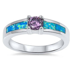 Sterling Silver Solitaire Round Amethyst Cz with Blue Lab Opal Inlaid RingAnd Face Height of 5MM