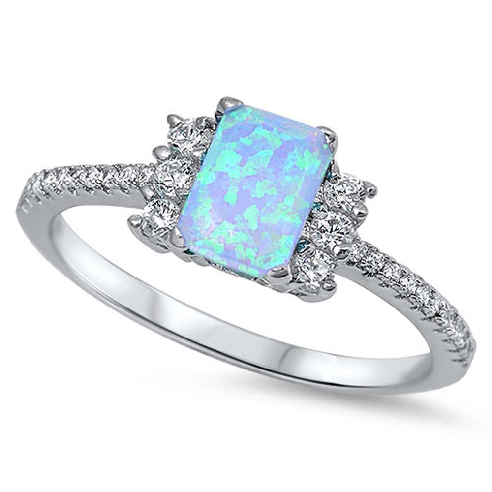 Sterling Silver Stylish Emerald Cut Blue Lab Opal Inlay with Clear CZs and Three Round Czs on each Side RingAnd Face Height of 7MM