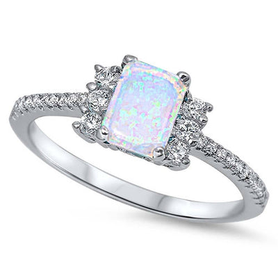 Sterling Silver Stylish Emerald Cut White Lab Opal Inlay with Clear CZs and Three Round Czs on each Side RingAnd Face Height of 7MM