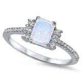Sterling Silver Stylish Emerald Cut White Lab Opal Inlay with Clear CZs and Three Round Czs on each Side RingAnd Face Height of 7MM