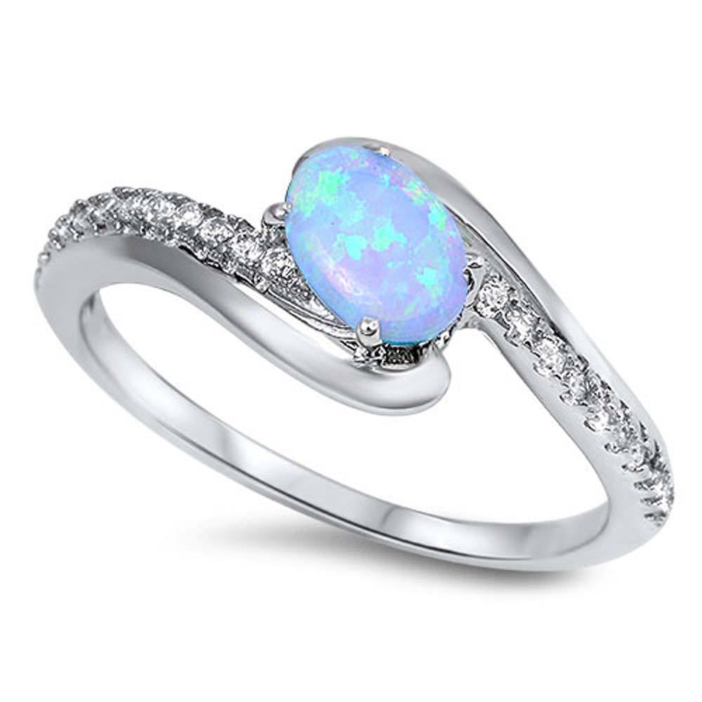 Sterling Silver Fancy Swirl band Embedded with Clear Czs with Solitaire Oval Cut Lab Light Blue OpalAnd Face Height of 9MM