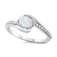 Load image into Gallery viewer, Sterling Silver Fancy Swirl Band Embedded with Clear Cz with Solitaire Oval Cut Lab White Opal, Face Height of 9MM