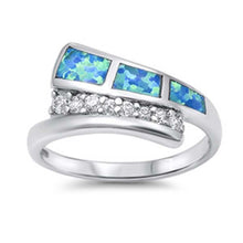 Load image into Gallery viewer, Sterling Silver Fancy Blue Lab Opal and Centered Inlay with Clear Cz Bypass Band RingAnd Face Height of 9MM