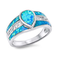Load image into Gallery viewer, Sterling Silver Centered Pearshape Blue Lab Opal Inlaid with Key Maze Design and Blue Lab Opal Edge Wide Band RingAnd Face Height of 6MM