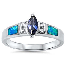 Load image into Gallery viewer, Sterling Silver Fancy Band Inlaid With Clear Czs and lab Blue Opal with Marquise Cut Blue Sapphire Center StoneAnd face Height of 8MM