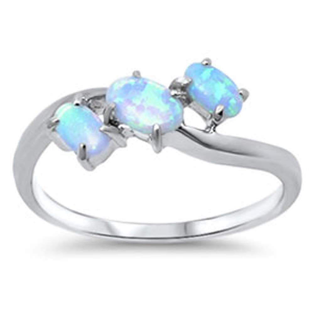 Sterling Silver Three Oval Cut Light Blue Lab Opal Bypass Band Ring with Face Height of 9MM