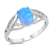 Load image into Gallery viewer, Sterling Silver Stylish Heart Design Ring with 4 Prong Set Oval Blue Lab Opal in the CenterAnd Ring Face Height of 8MM