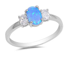 Load image into Gallery viewer, Sterling Silver Oval Shape Blue Lab Opal Rings with Clear CZ Stones, Face Height 7mm