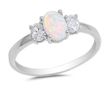Load image into Gallery viewer, Sterling Silver Oval Shape White Lab Opal Rings with Clear CZ Stones, Face Height 7mm