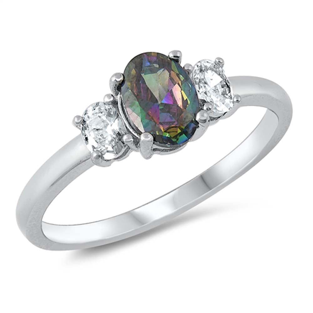 Sterling Silver Oval With Rainbow Topaz And Cubic Zirconia Ring