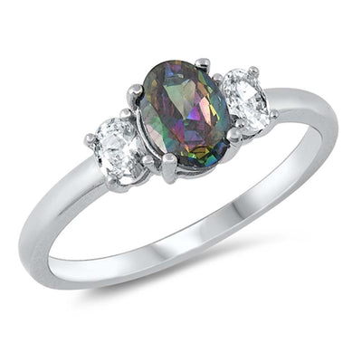 Sterling Silver Oval With Rainbow Topaz And Cubic Zirconia Ring