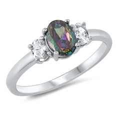 Sterling Silver Oval With Rainbow Topaz And Cubic Zirconia Ring