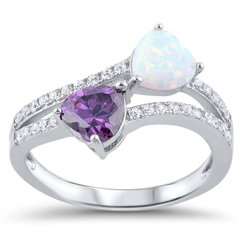 Sterling Silver White Lab Opal and Amethyst CZ Hearts Ring and Face Height of 13 mm