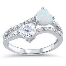 Load image into Gallery viewer, Sterling Silver White Lab Opal Stone and Clear CZ Stone Hearts Ring and Face Height of 13 mm