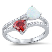 Load image into Gallery viewer, Sterling Silver White Lab Opal and Garnet CZ Hearts Ring and Face Height of 13 mm