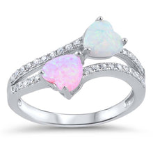 Load image into Gallery viewer, Sterling Silver Hearts Ring with Pink and White Lab Opal Stones and Face Height of 13 mm