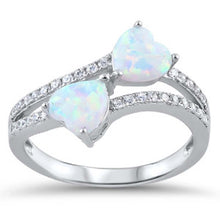 Load image into Gallery viewer, Sterling Silver White Lab Opal Stone with Clear CZ Hearts Ring and Face Height of 13 mm